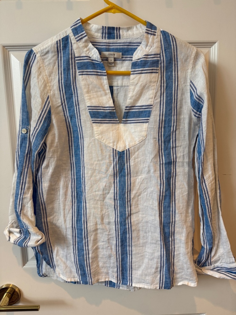 J. Crew White and Blue Vertical Stripe Linen Top